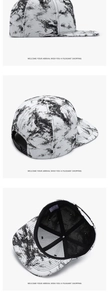 Detailed view of marble print snapback hat with adjustable back strap and inner lining