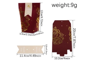 Detailed dimensions of burgundy gift box with gold rose pattern and Thank You tag