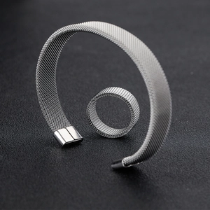 Silver mesh weave stainless steel bracelet and ring set in a modern minimalist style