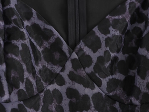 Detailed view of leopard print dress with a zipper closure and smooth fabric texture