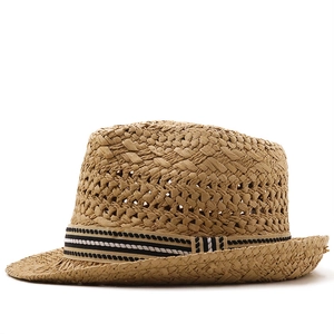 Handmade woven straw fedora hat with striped ribbon band for sun protection and travel