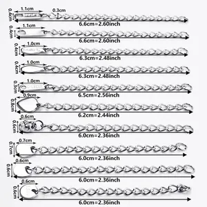 Size chart for 10 styles of adjustable necklace extenders with precise measurements