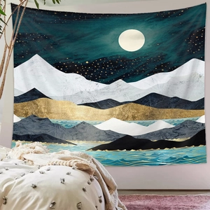 Detail of modern mountain tapestry with golden moon and blue waves in bedroom