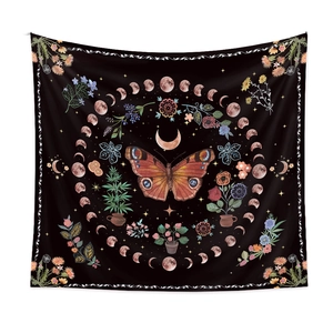 Retro butterfly and moon phase tapestry wall hanging with botanical stars and floral pattern