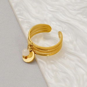 18K gold plated multi-layer spiral ring with natural white stone and small coin charms