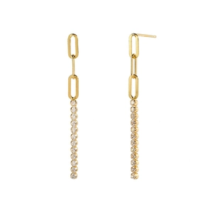 Detail of long gold chain earrings featuring linked ovals and clear zircon tassels