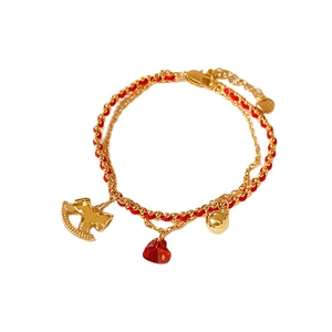 Bracelet double couche plaqué or 18k avec pendentif cheval et cordon rouge tressé