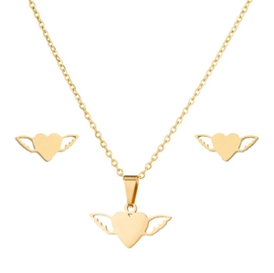 Close-up of golden winged heart necklace and earrings set on a white background