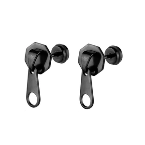 Pair of creative black zipper slider stud earrings in punk style with a matte finish