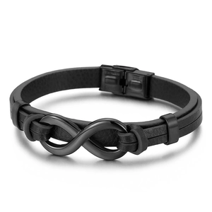 Men's braided black leather bracelet with infinity symbol charm in stainless steel