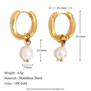 Minimalist 18K gold plated stainless steel U-shaped earrings with teardrop pearl charm
