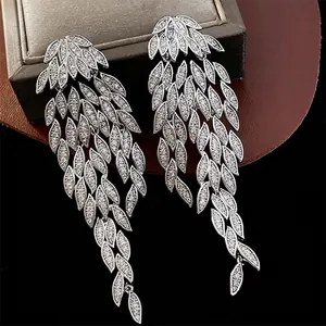 Long Leaf Tassel Earrings With 925 Sterling Silver Earring Post Copper Cubic Zirconia Luxury Elegant Jewelry For Women