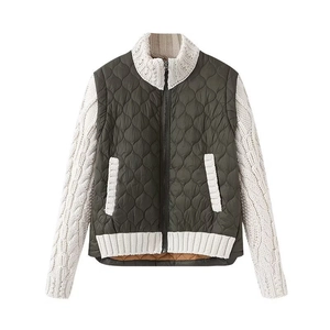 Women's knit and nylon quilted jacket in olive green and beige patchwork style