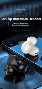 Detail of ear-clip bone conduction headphones on digital display with HIFI sound specs