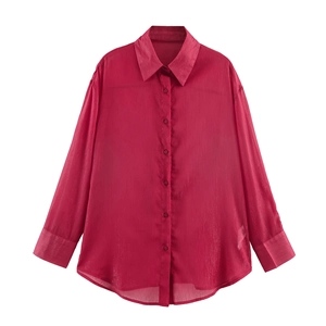 Chemisier Vintage Pour Femmes Chemise À Manches Longues Fil D'Or Lurex Mousseline Coupe Ample Col Rabattu Élégant Rouge