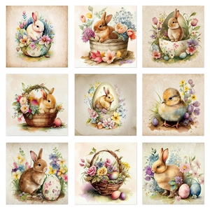 Easter wine bottle labels with watercolor bunny, chick and spring flower illustrations