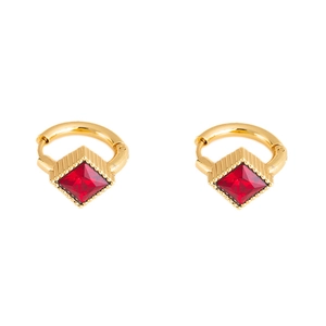 Detailed view of gold earrings with square-cut red zircon stones and textured finish