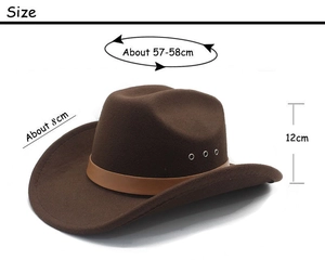 Size diagram of dark brown felt cowboy hat with 12cm height and 8cm wide curved brim