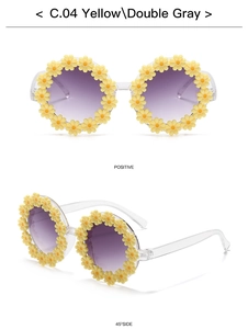 Front and 45-degree side views of flower-shaped kids' sunglasses with yellow daisies