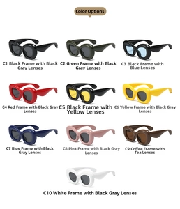 Matrix display of vintage thick-frame bubble sunglasses in ten vibrant color variations