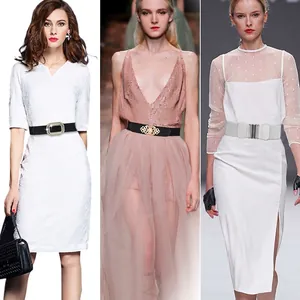 Chic black elastic waist belt for women with elegant decorative metal buckles for dresses