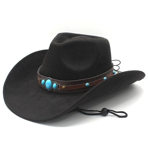 Classic black suede cowboy hat with turquoise-studded brown band and chin strap