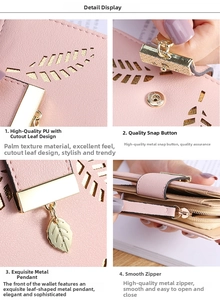 Detail view of pink PU leather wallet with palm grain texture and leaf pendant charm