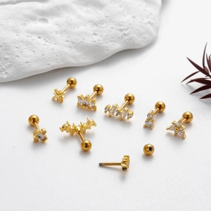 Gold stainless steel cartilage stud earrings with zircon inlay and screw ball closure