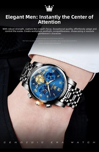Detail of OLEVS men's watch with blue sunray dial and black stainless steel band
