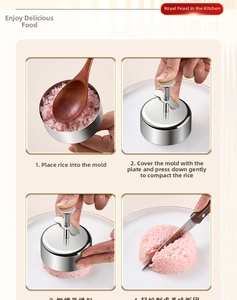 Detail showing step-by-step guide for using the 304 stainless steel rice ball mold tool