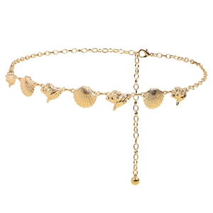 Gold body waist chain featuring sea shell charms and adjustable lobster clasp closure