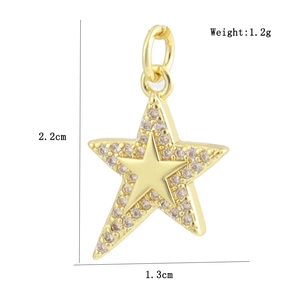 Detailed view of a gold star charm with clear zircon, showing size 2.2cm by 1.3cm