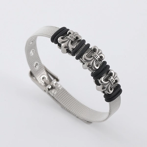 Stainless steel mesh wristband bracelet with black rubber rings and silver fleur-de-lis icons