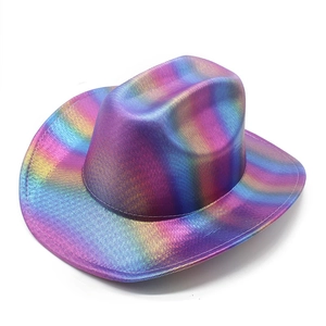 Top view of rainbow holographic cowboy hat with shiny metallic fiber texture and colors
