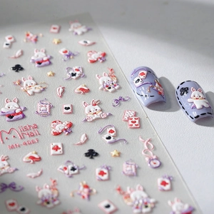 Japanese style thin 3D embossed nail stickers with cartoon rabbit and poker motifs