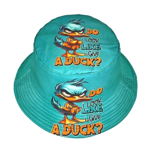 Cyan cotton bucket hat with angry duck print and Do I Look Like I Give A Duck text