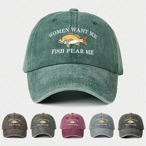 Baseball Cap Washed Cotton Vintage Distressed Embroidered Women Want Me Fish Fear Me Fishing Dad Hat Unisex Adjustable
