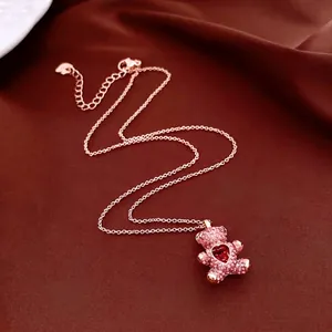 Teddy Bear Pendant Necklace Copper Rose Gold Plated With Pink Zircon And Red Heart Gemstone Elegant Jewelry For Women