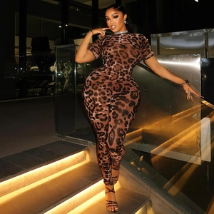 Women Leopard Print Short Sleeve Jumpsuit Slim Fit Stretchy Full Length Streetwear Bodycon One Piece Jumpsuit
