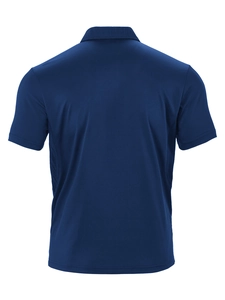 Detailed back view of navy blue polo shirt showing premium breathable knitted fabric texture