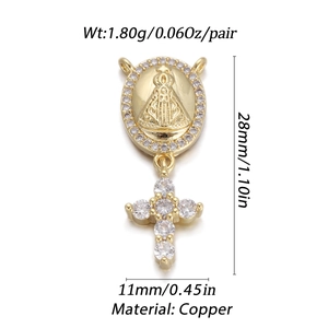 Detail view of 18K gold plated copper pendant with Virgin Mary and micro-pave crystals