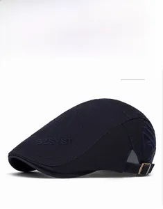 Detail of navy blue flat cap featuring adjustable metal buckle and SZSYST embroidery