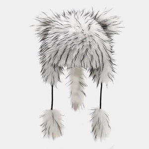 Faux fur raccoon style trapper hat with fluffy ears and a long tail accessory