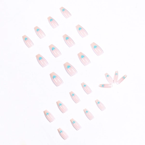 Translucent light pink long ballerina press-on nails with small blue heart patterns