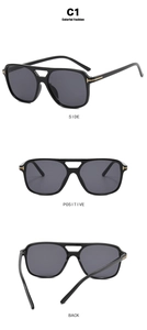 Detail of square pilot sunglasses with signature gold T-shaped metal hinge accents