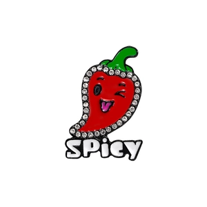 Cartoon red chili pepper brooch with green stem, SPICY lettering and rhinestones