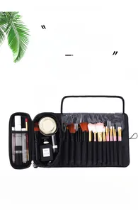 Detail view of foldable makeup brush bag with 20 slots and waterproof inner lining