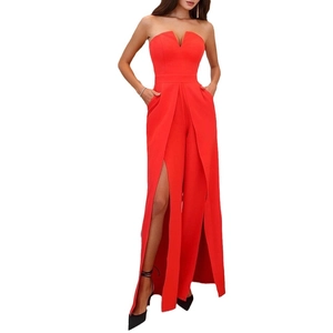 Sleek red strapless jumpsuit with high side slits and slim fit silhouette for summer fashion