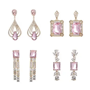 Luxury Copper Zirconia Geometric Dangle Earrings For Women Pink Rectangular Square Drop Earrings Gold Plated Party Jewelry