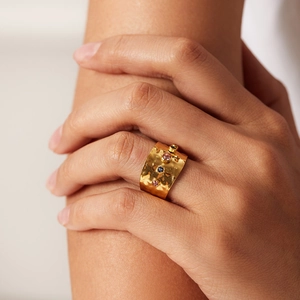 Wide 18K gold plated stainless steel ring with hammered texture and colorful zircon stones